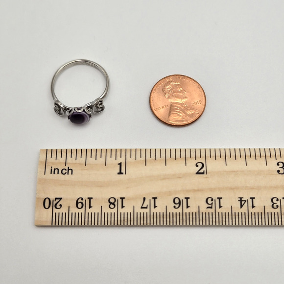 Amethyst Ring Silvertone Scrollwork Purple Stone Adjustable Boho Dainty Classic - Picture 11 of 11